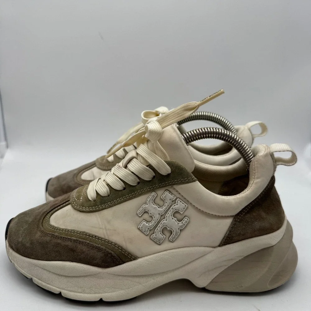 Tory Burch Good Luck Trainer Women's 6.5 M Beige‎ Suede Leather Chunky Sole